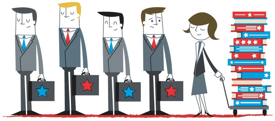 Illustration of four businessmen and one woman with briefcases next to a tall stack of American flag-themed books.