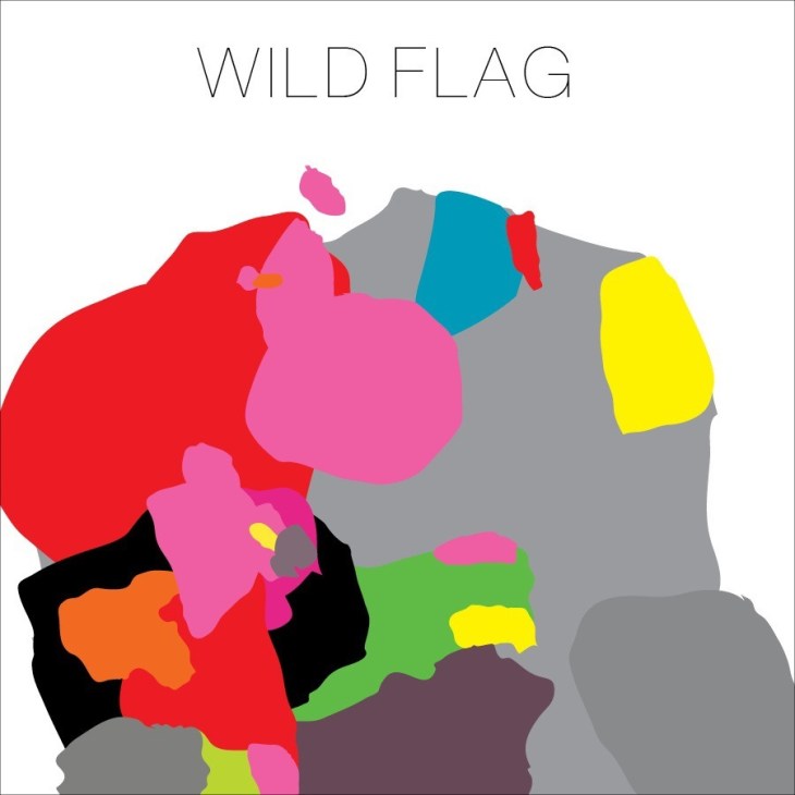 Wild Flag album cover featuring abstract colorful shapes in red, pink, blue, yellow, green and black.