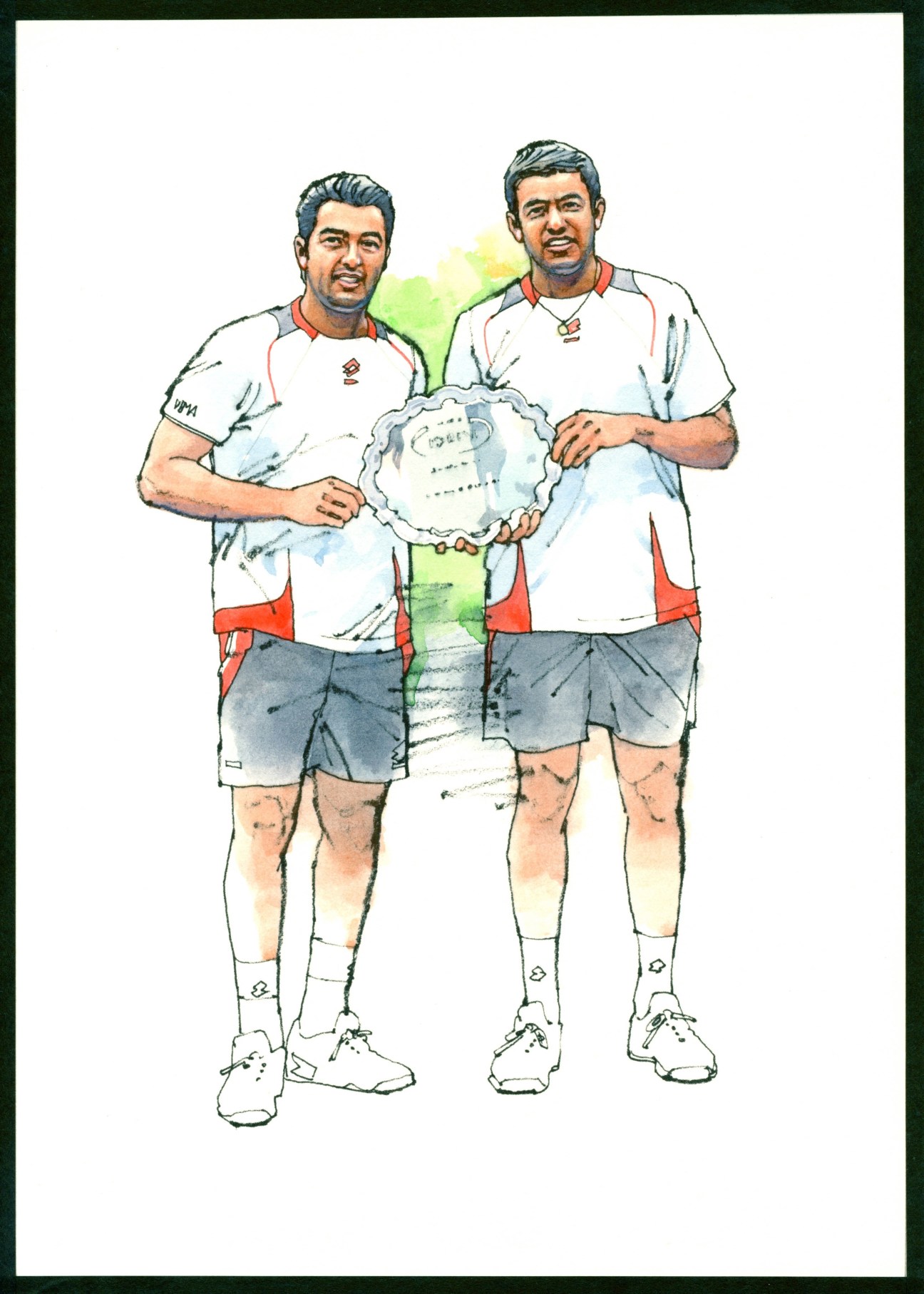 Illustration of two male tennis players in white shirts holding a trophy together.