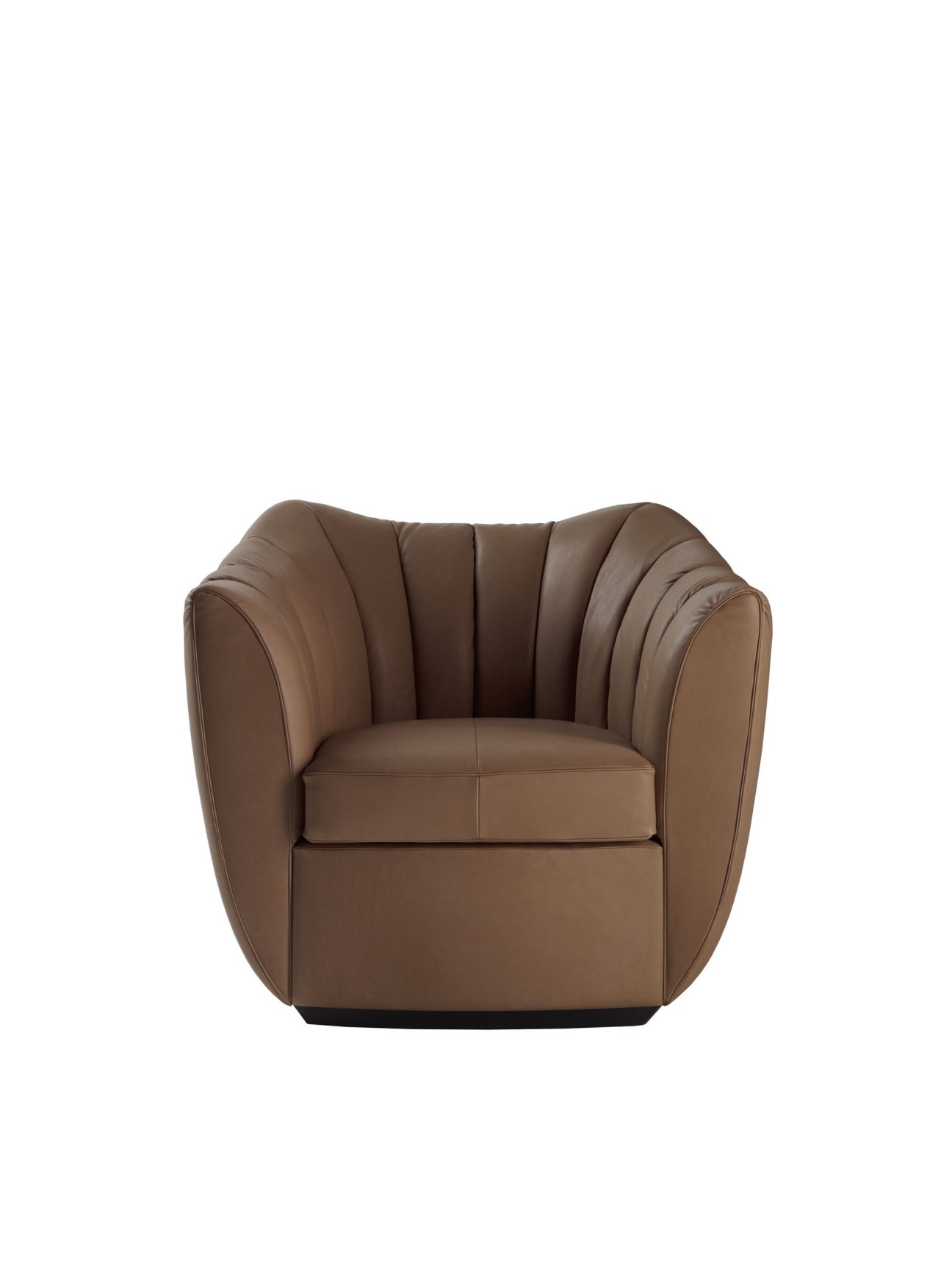 Brown leather upholstered chair with curved back and arms on dark base.