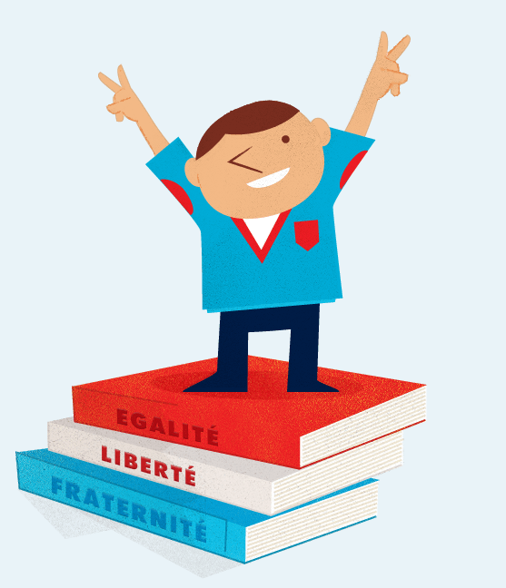 Illustration of a cheerful child standing on stacked books labeled with French values, arms raised in celebration.