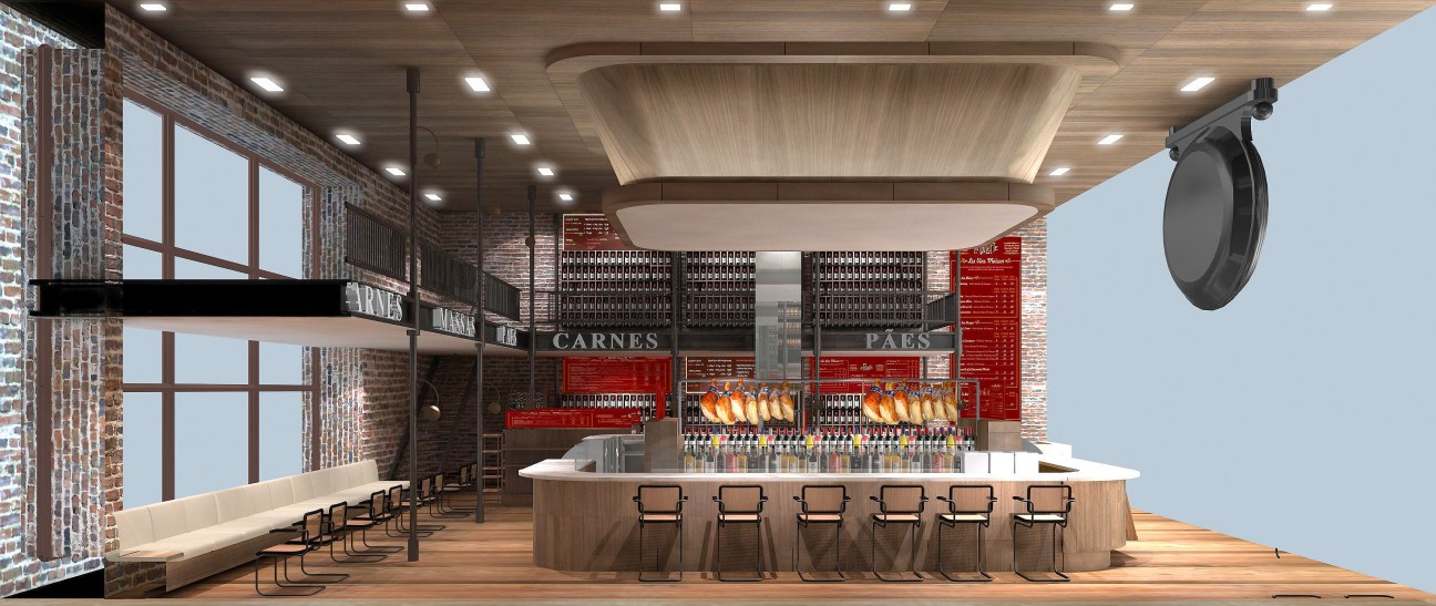 Interior rendering of Empório Central gourmet emporium in São Paulo showing butcher counter with hanging meats and wine display.