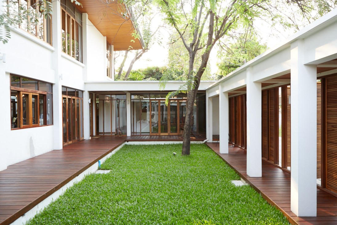 Enclosed courtyard with central lawn, white walls, wooden doors and decking surrounding mature tree.