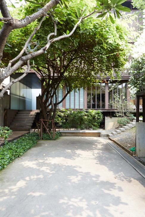 Front exterior of Boon Design's raised Aurapin House with large tree, wooden deck and glass windows.