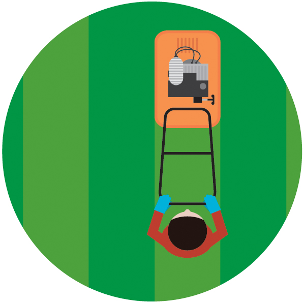 Illustrated overhead view of a person in red clothing holding a ladder with an orange power drill at the top against a green circular background.