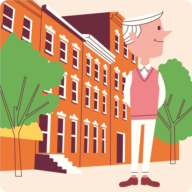 Illustration of a person standing in front of an orange brownstone building in Greenwich Village, New York.
