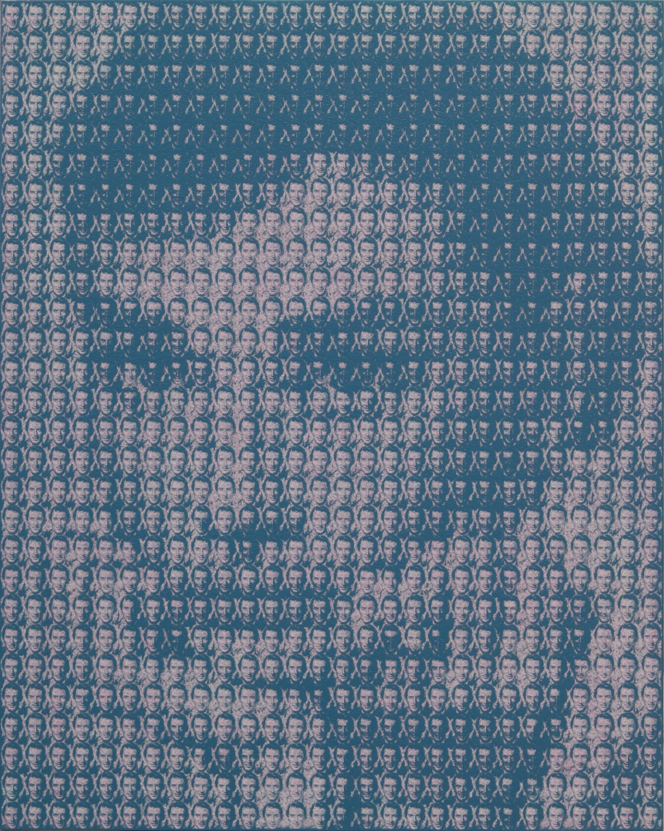 Dong-Yoon Kim's oil painting featuring repeated portrait heads of Audrey Hepburn and Gregory Peck in blue and pink tones