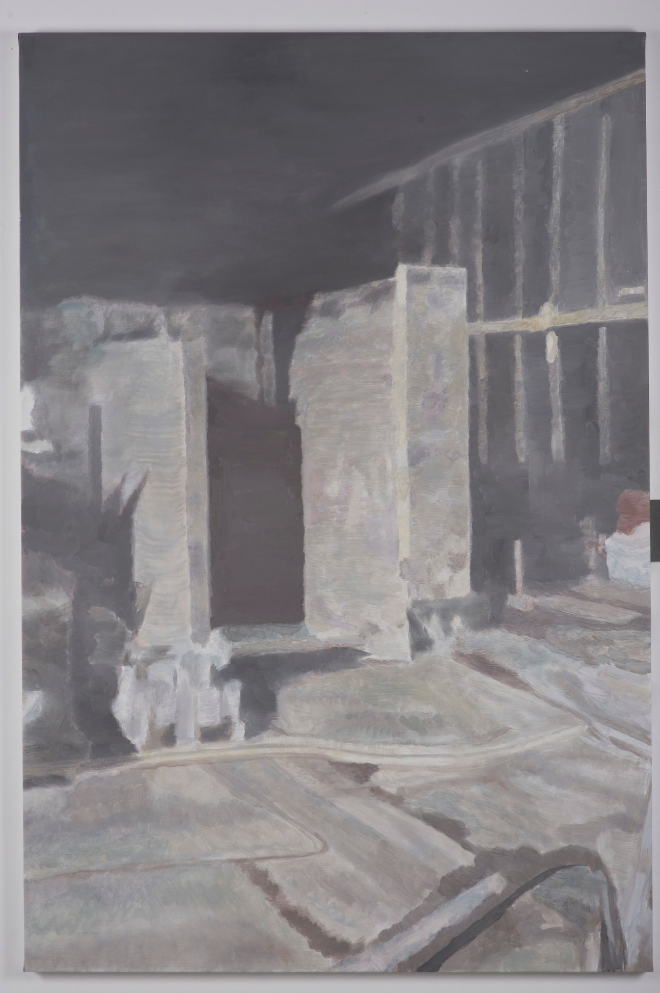 Luc Tuymans painting depicting industrial architectural forms with concrete pillars and dark shadows.