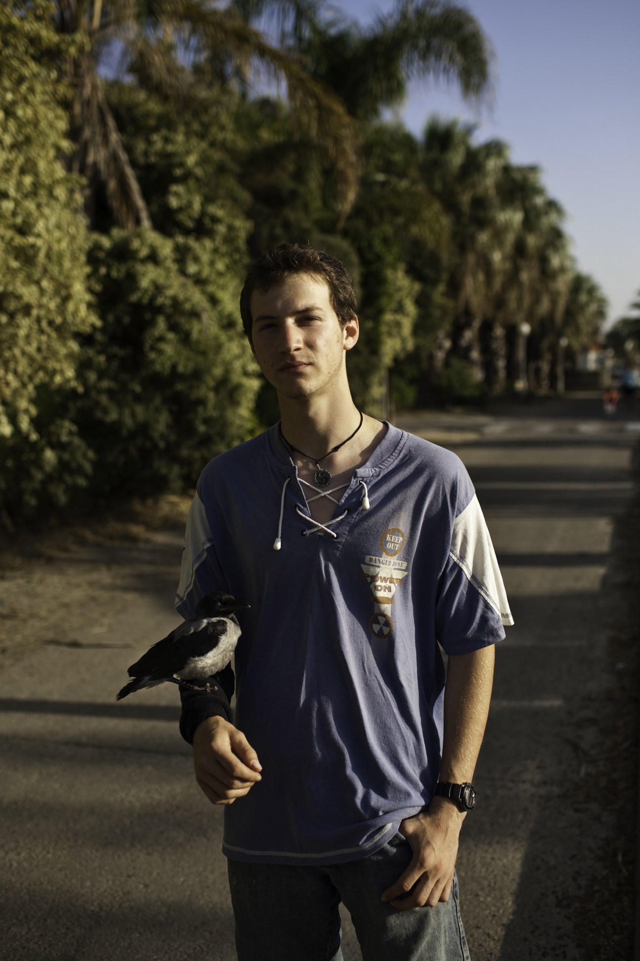 Iftach Navot, an 18-year-old kibbutz member, holds an injured crow he rescued while standing on a tree-lined path.