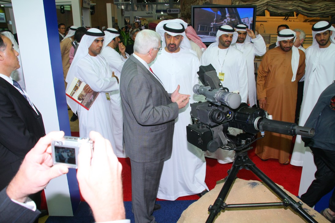 Crown Prince of Abu Dhabi Sheikh Mohammed bin Zayed Al Nahyan viewing military equipment at IDEX