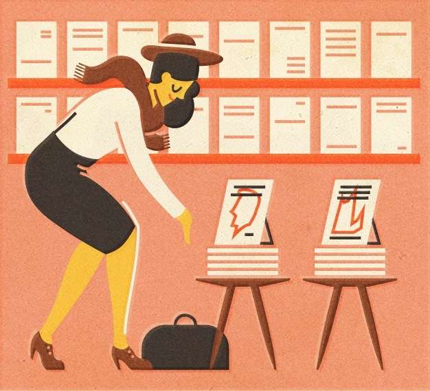 Illustration of a woman in yellow tights and brown coat browsing magazines at a newsstand.