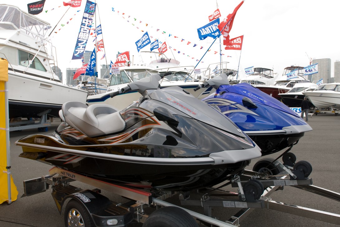 Personal watercraft jet skis displayed at the Japan International Boat Show in Yokohama.