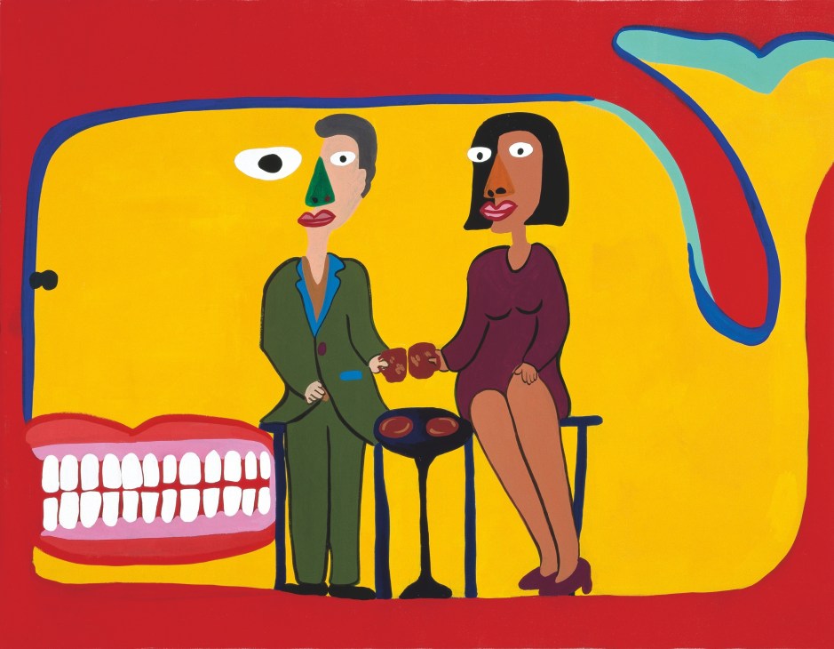 Colorful illustration of two figures sharing food against a yellow background with surreal design elements.