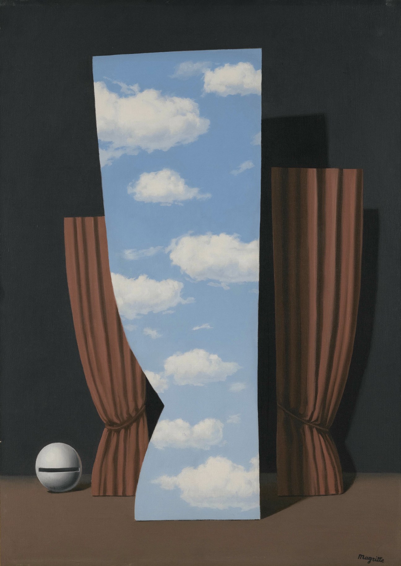 Surreal painting featuring red velvet curtains framing a cloudy blue sky with a white sphere in the foreground.