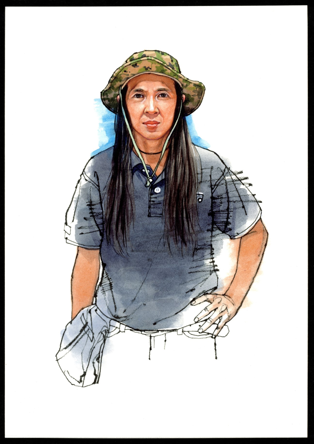 Illustration of Wassana Nanuam, a Thai journalist, wearing a camouflage hat and blue polo shirt.