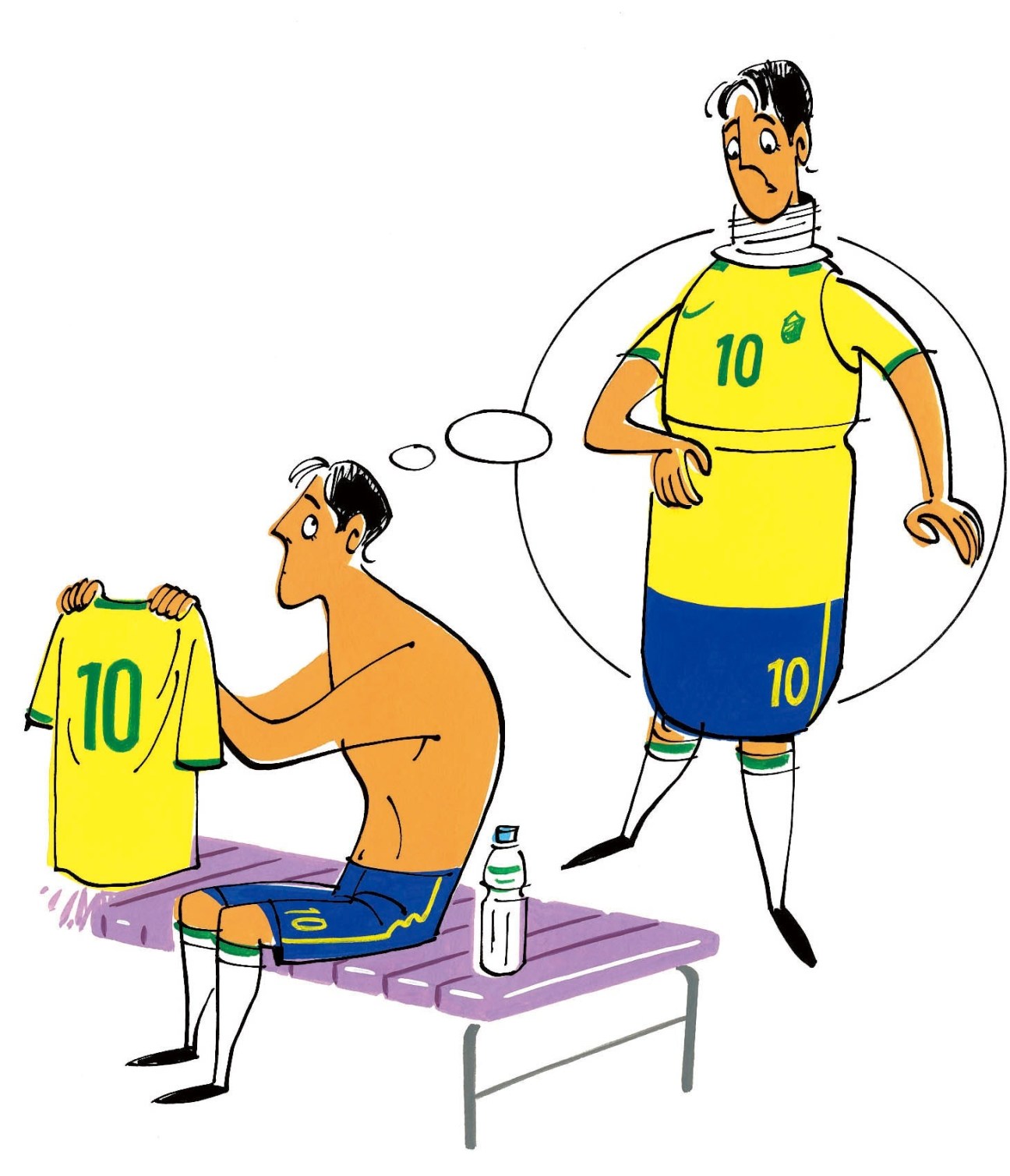 Illustration of a football player imagining his ideal physique while holding a Brazil jersey.