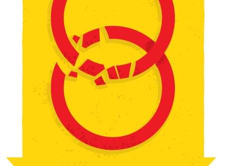 Illustration of a red wedding ring with a diamond on a yellow downward-pointing arrow.