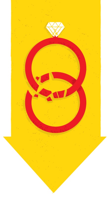 Illustration of a red wedding ring with a diamond on a yellow downward-pointing arrow.