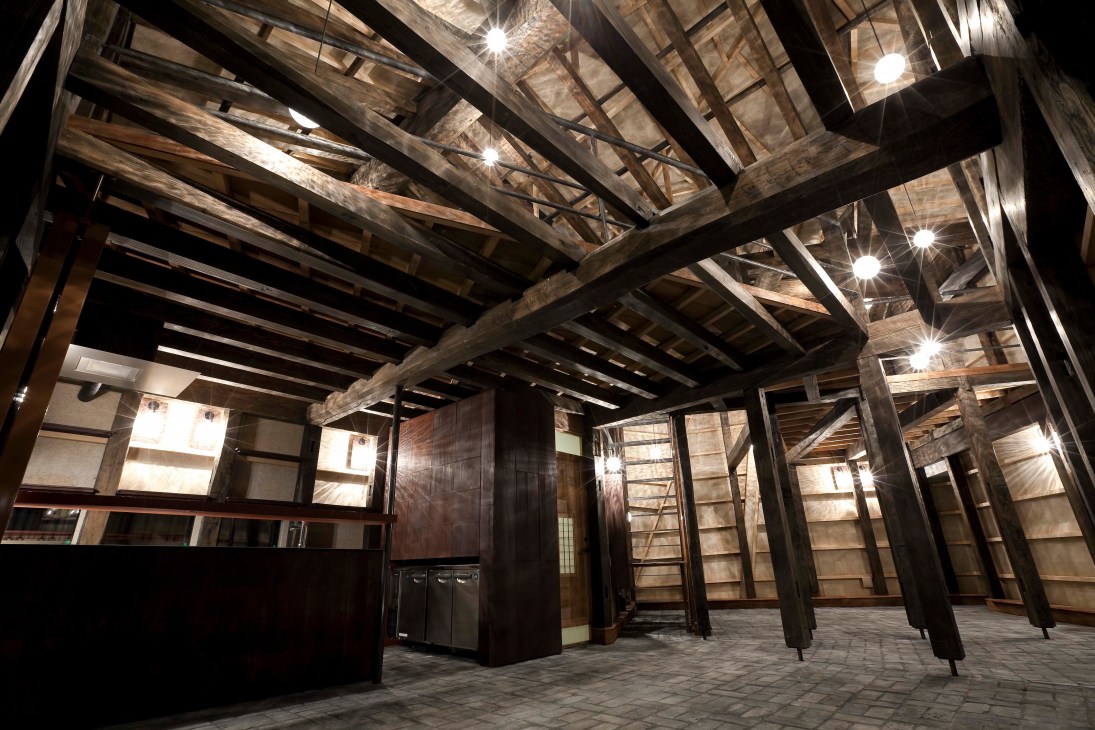 Interior of Yachiyo, a wooden structure built from relocated rural warehouses in Hayama, Japan by architect Yasuhiro Yamashita.