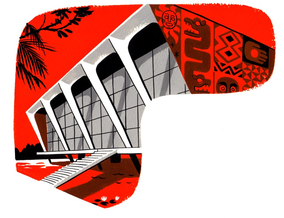 Illustration of a modernist concrete building with cultural artwork on a red background representing Latin America.