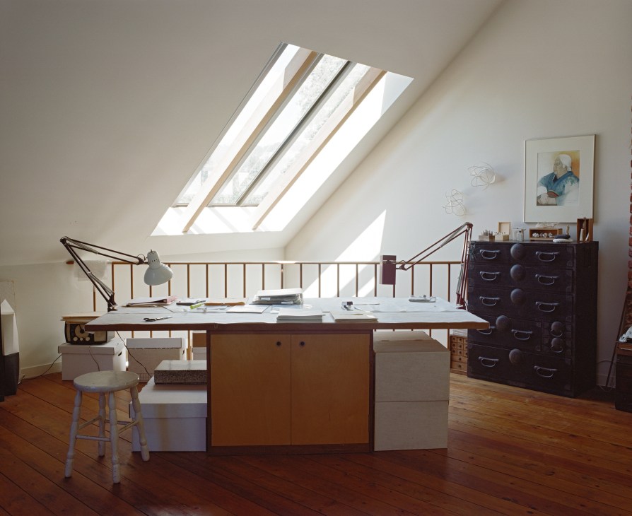 Kay Sekimachi's paper bowl making studio with skylight, work table, and storage furniture.