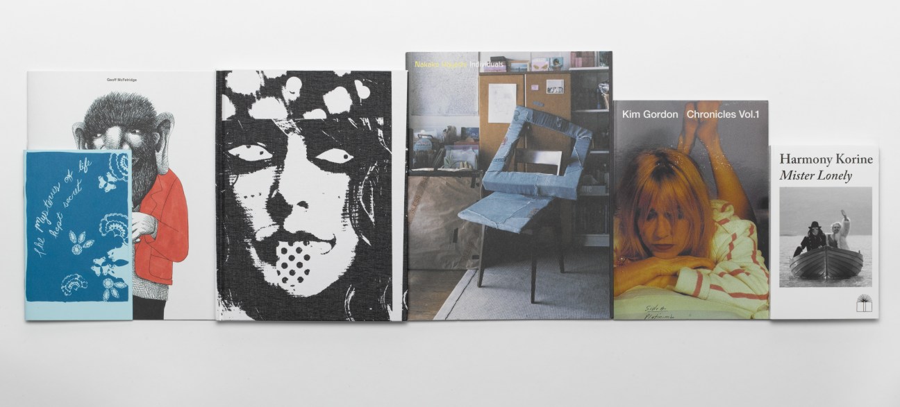 Selection of Nieves published books displayed in a row, including titles by Geoff McFetridge, Kim Gordon, and Harmony Korine.