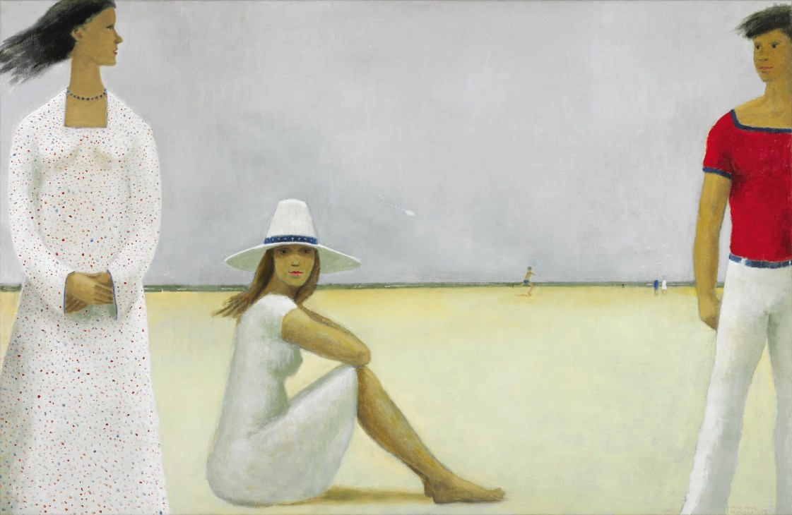 Painting of three stylized female figures on a beach with yellow sand and grey sky.