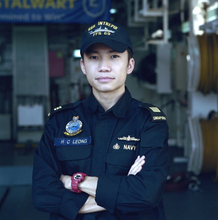 Captain Leong Heen Choong, 30, operations officer in Singapore Navy uniform on RSS Intrepid frigate.