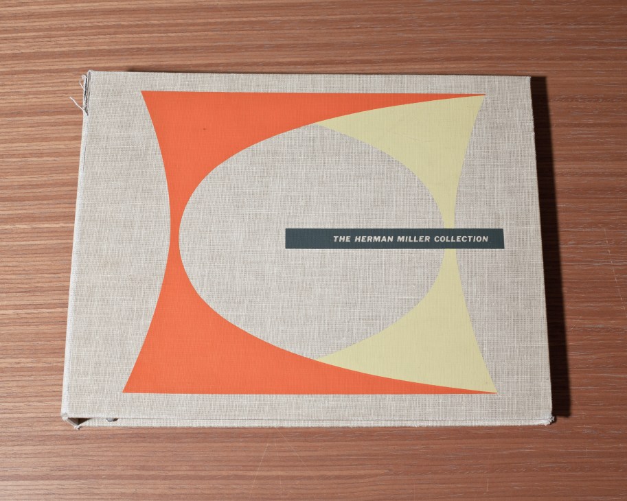 A 1955 Herman Miller Collection catalogue with geometric red and yellow shapes on cream linen cover.