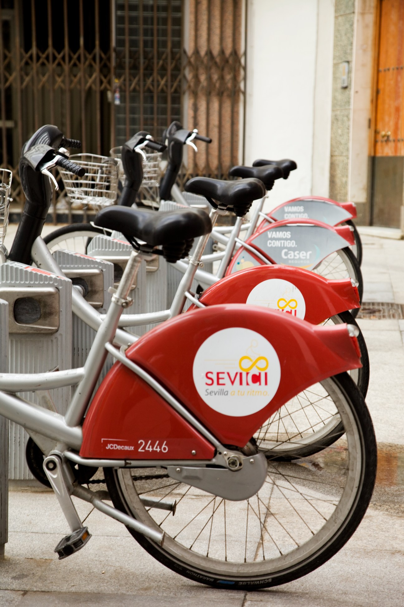 Red Sevici rental bikes parked in a row on a Seville street with white baskets and black seats.