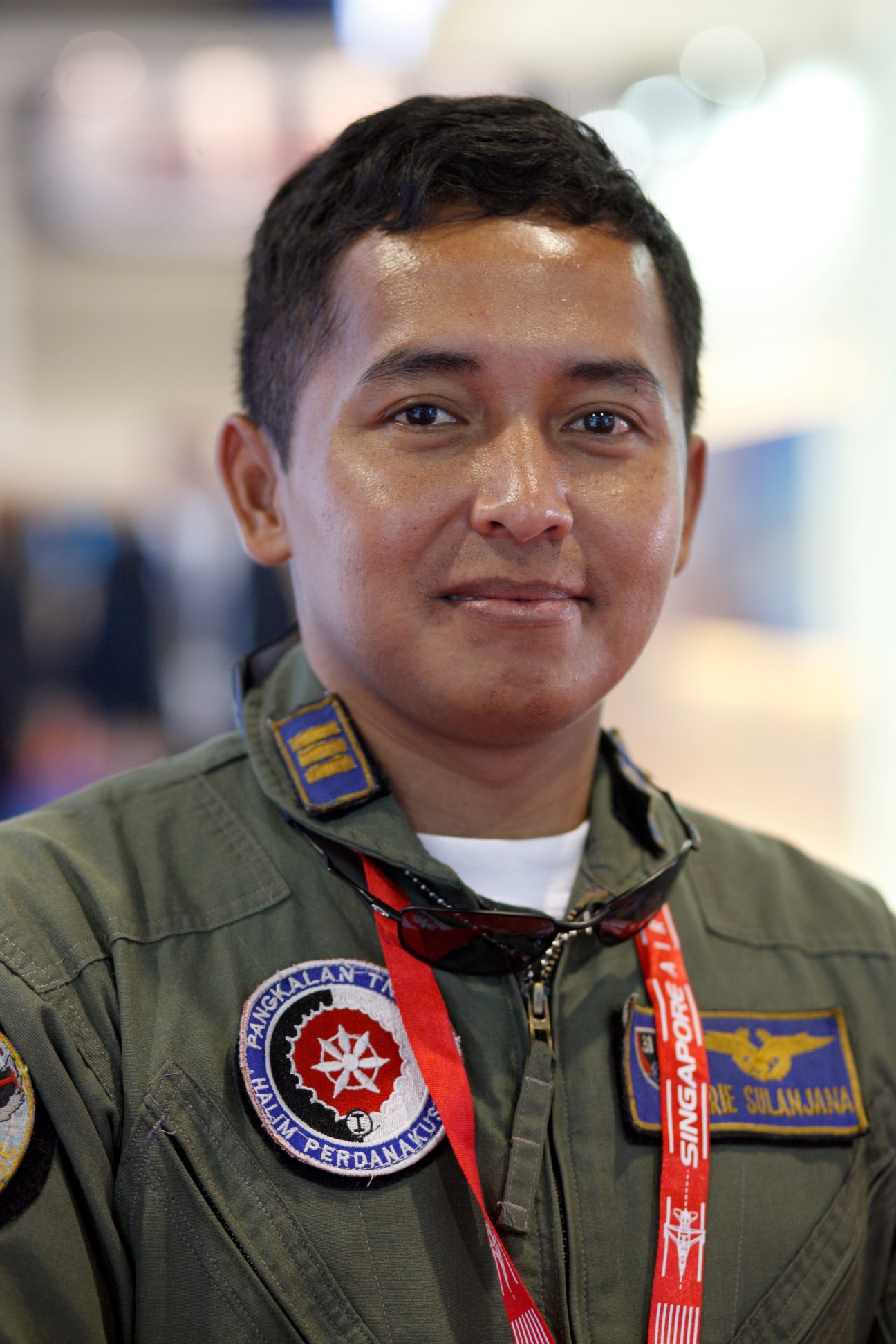 Captain Arie Sulanja of the Indonesian Air Force in military uniform at the Singapore Air Show.