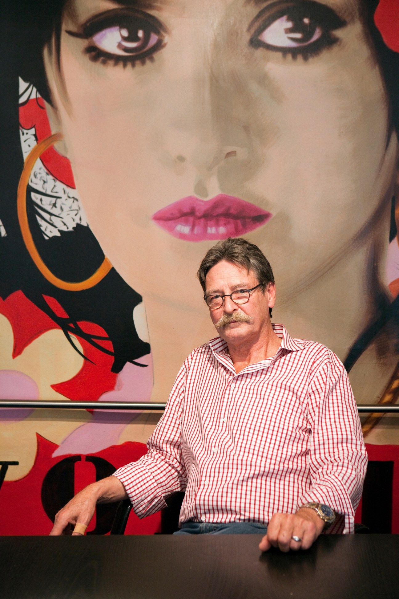 Michael Haacke, co-owner of FFS dubbing studio, seated before pop art portrait