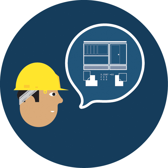 Illustration of a construction worker with a yellow hard hat and a thought bubble containing architectural floor plans.