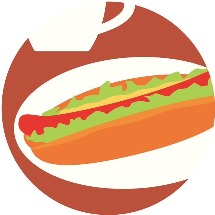 Illustration of a sandwich with lettuce, tomato, and cheese inside a red circular design.