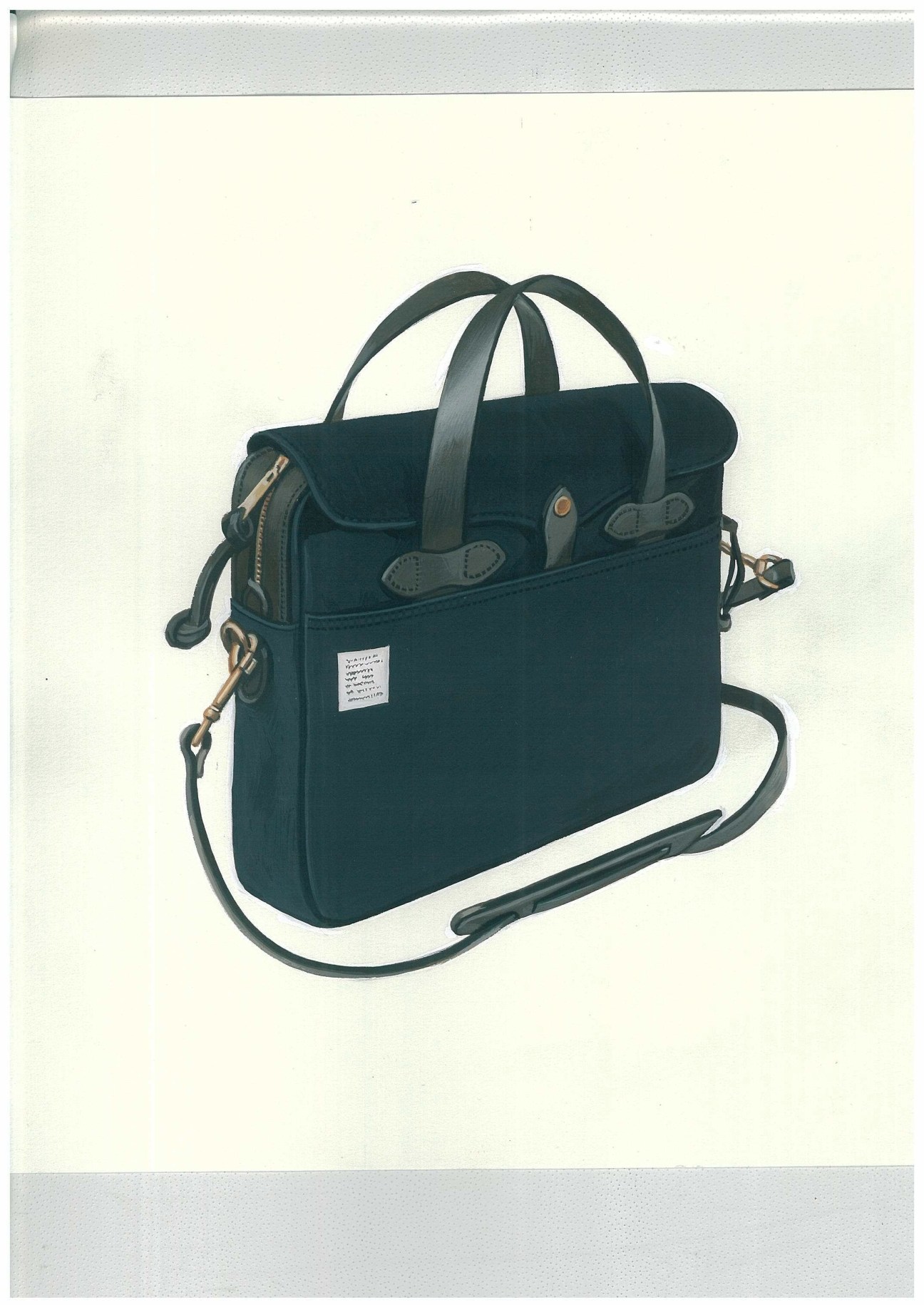 Dark teal canvas briefcase with leather handles and shoulder strap by Filson.