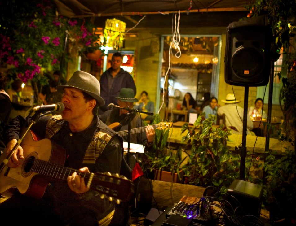 A musician wearing a hat performs with a guitar at Chichería del Pote bar, surrounded by flowering plants and patrons.