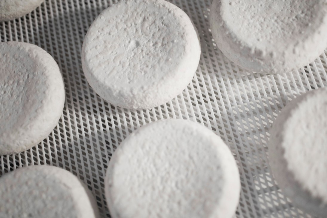 White robiola cheese patties drying on a mesh tray.