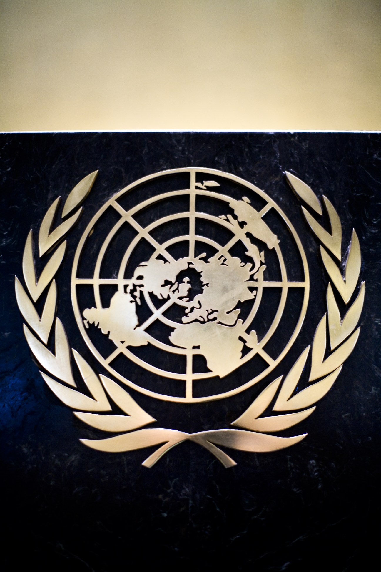 The United Nations emblem featuring a world map surrounded by olive branches on a dark background.