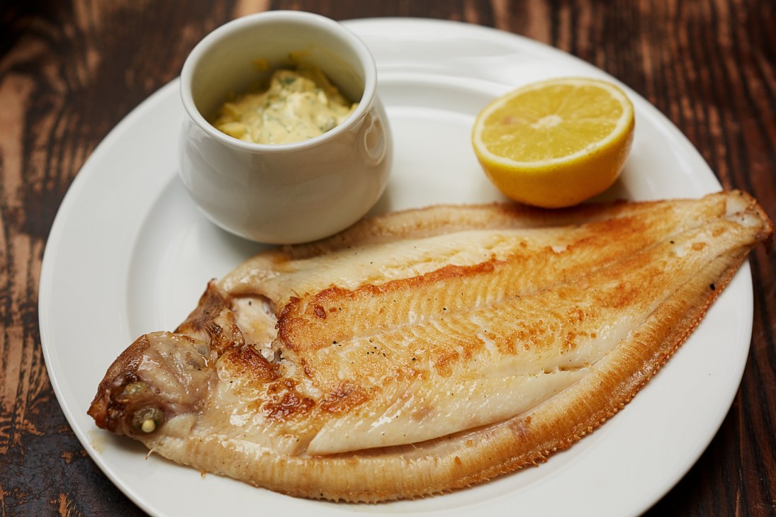 Cooked lemon sole fillet with aioli sauce in a white bowl and fresh lemon half on a white plate.
