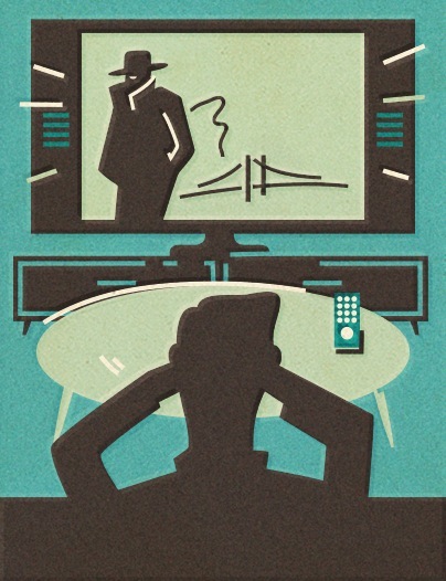 Illustration of a silhouetted figure watching a television screen showing a man in a hat speaking into a microphone.