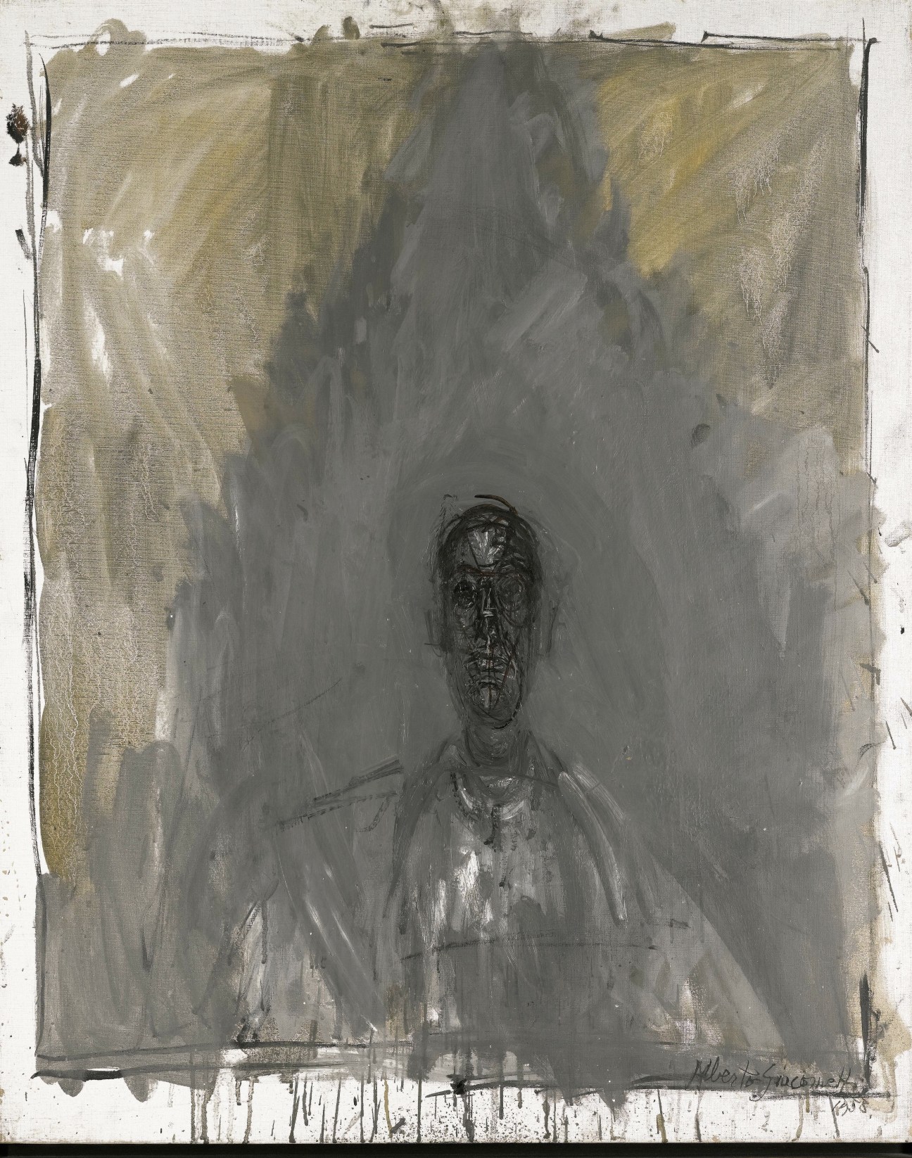 Abstract portrait painting with dark figure against light background in muted tones.