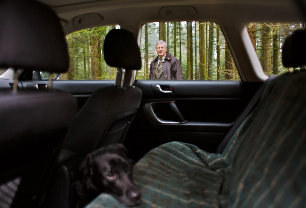 Man standing in forest seen through open car door with interior visible in foreground.