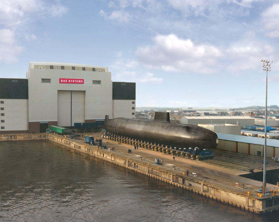 HMS Astute nuclear attack submarine being launched at BAE Systems shipyard on the River Clyde.