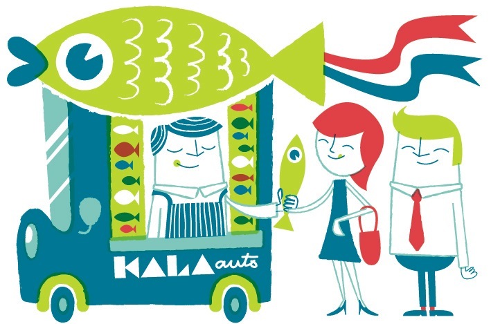 Illustration of a fish-shaped van labeled 'Kala-Auto' with two people standing beside it.
