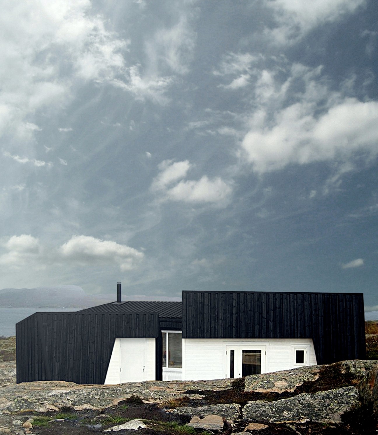 Black-clad modernist cabin with white central section perched on rocky Norwegian coast under dramatic cloudy sky.