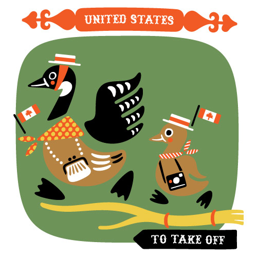 Illustrated map showing stylized birds with Canadian flags flying south over the United States border.