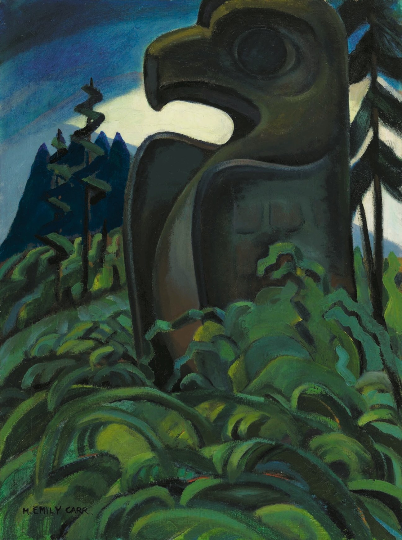 Emily Carr's 'Eagle Totem' painting featuring a stylized indigenous totem pole among green vegetation against a blue sky.