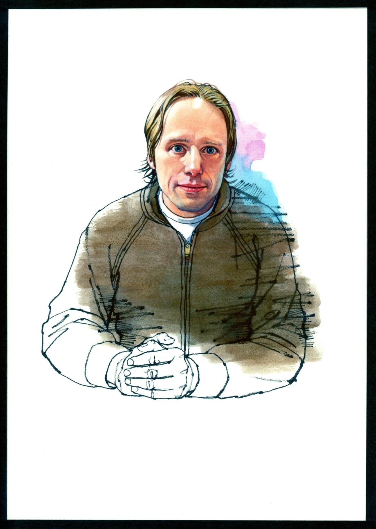 Illustration of John Richards, a DJ from the USA, wearing a brown jacket.