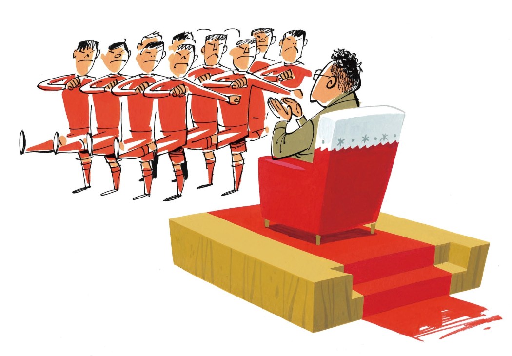 Illustration of seven football players in red jerseys standing together on a podium, facing a coach in brown uniform.