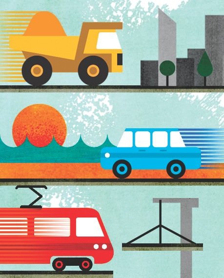 Illustration of three vehicles representing Perth's infrastructure development: a yellow truck, blue bus, and red fire truck.